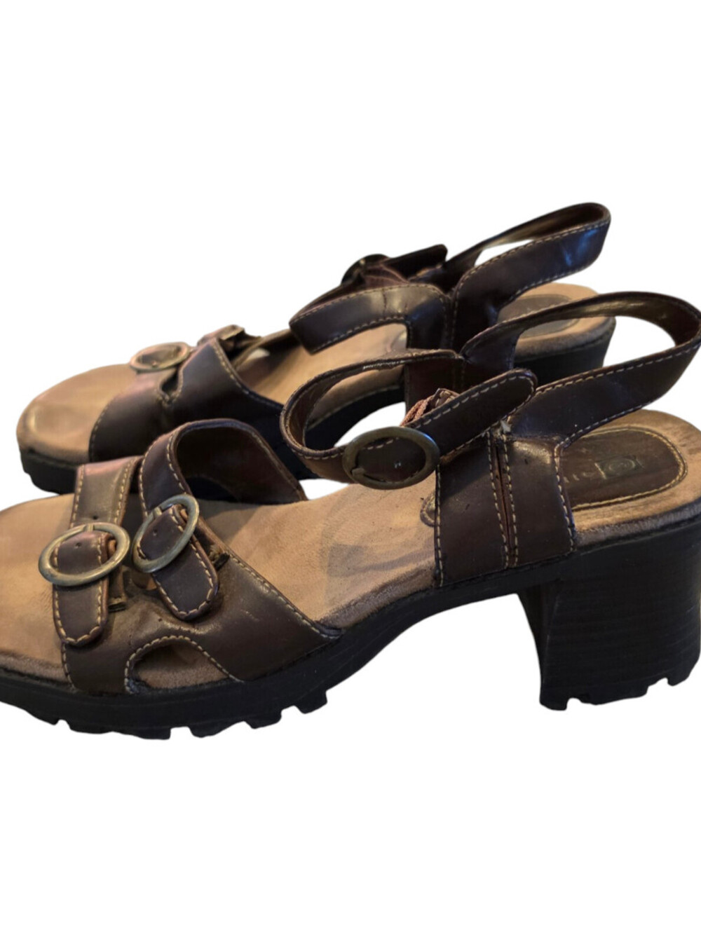 Vintage Y2K Ellemenno Womens Sz 7.5 Chunky Leather Heels Sandals Brown Buckles
